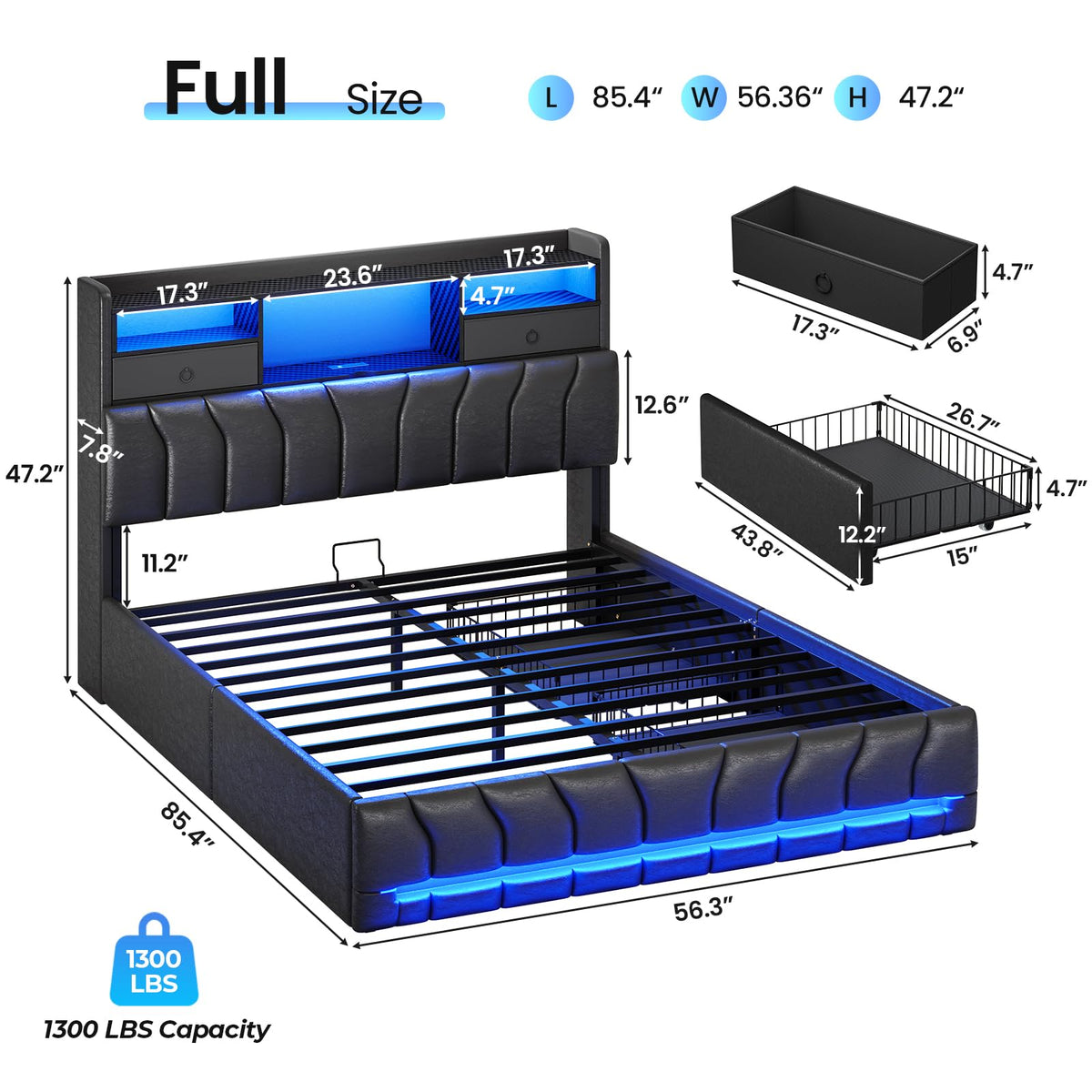 Full Bed Frame with Storage Headboard and 2 Drawers, RGB Lights, Black N30887