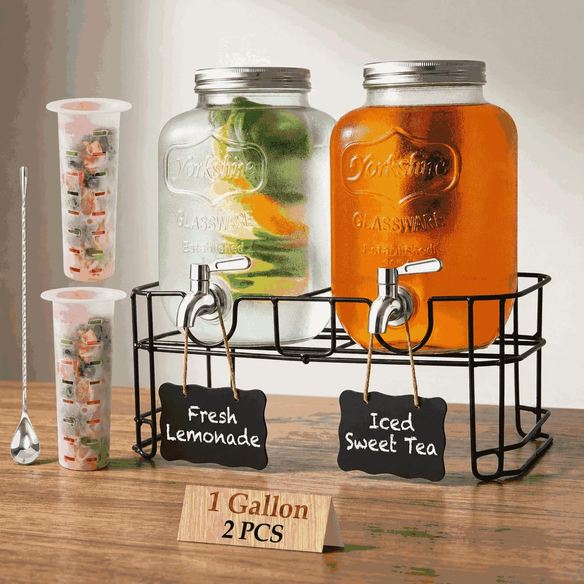 2-Pack 1-Gallon Glass Drink Dispensers with Wire Stand K6967