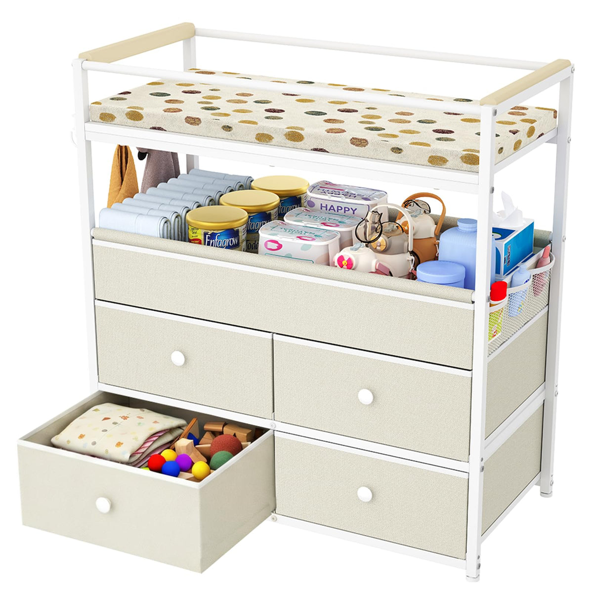 Baby Diaper Changing Table Dresser with Safety Bumper and 4 Drawer V114545