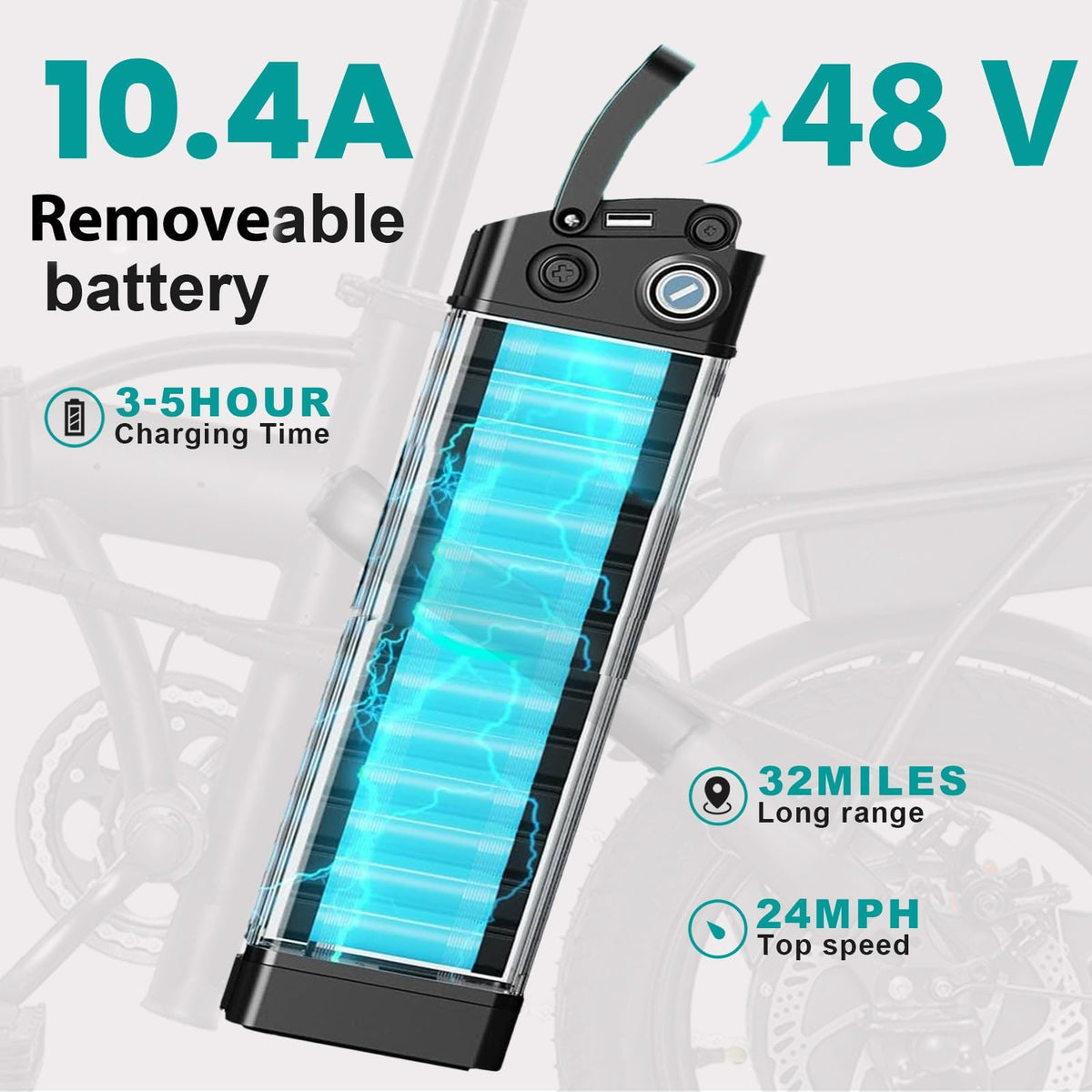 Electric Bike 1200W Peak Motor 20-28MPH 32 Miles Range Removable Battery O70593