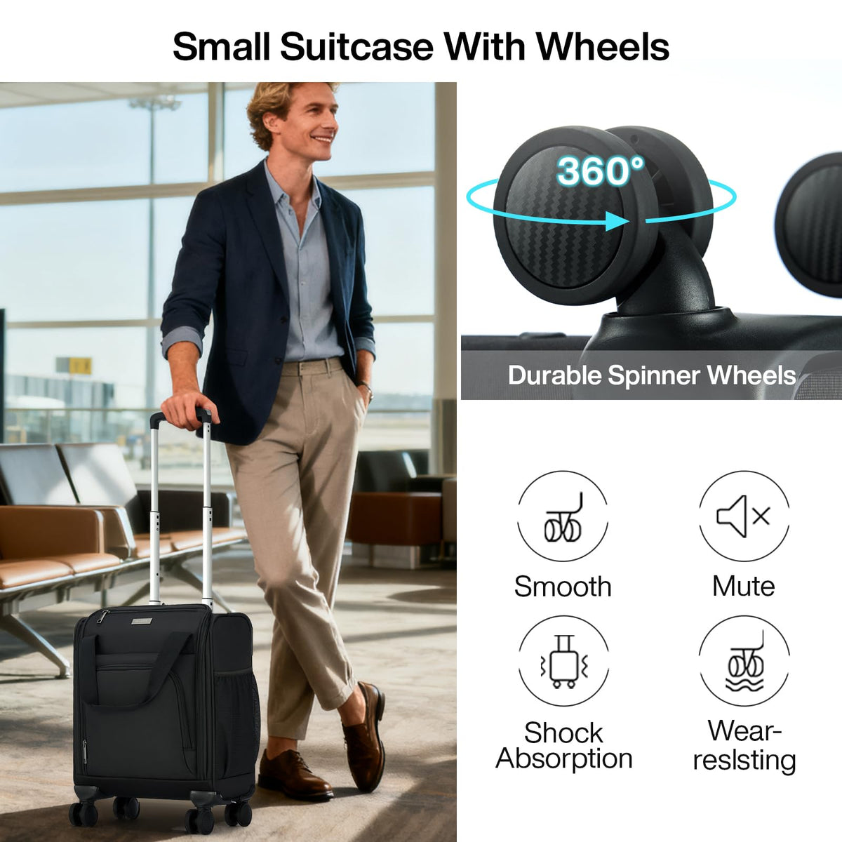 Black 16-inch Underseat Carry On Luggage with Wheels E327