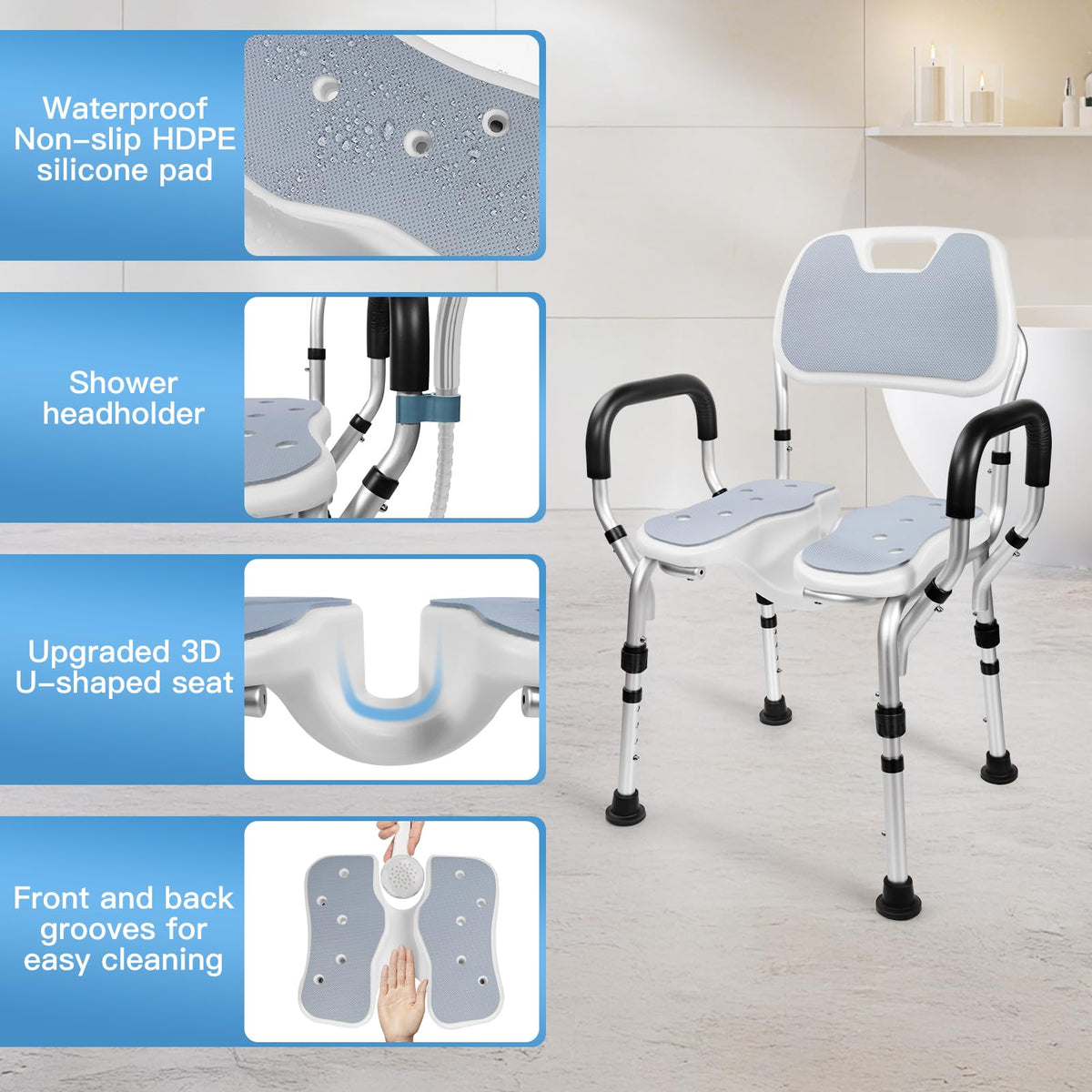 Shower Chair with U-Shaped Seat, Adjustable Height, 350 lb U9771