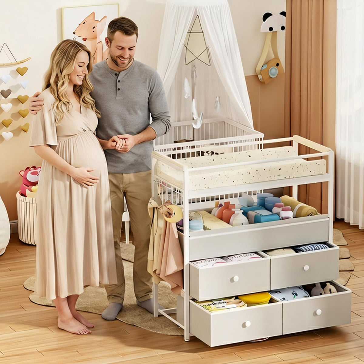Baby Diaper Changing Table Dresser with Safety Bumper and 4 Drawer V114545