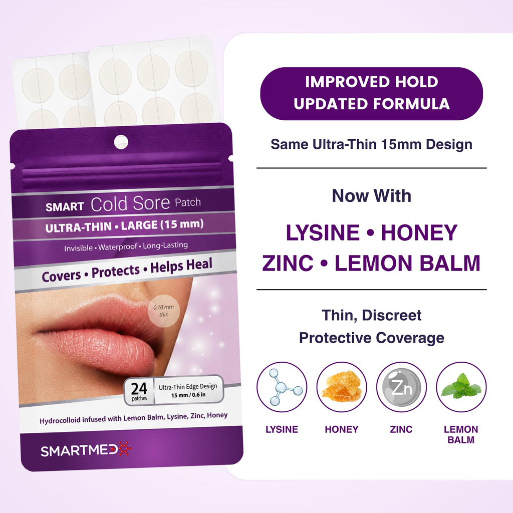 15 mm Hydrocolloid Cold Sore Patches with Lysine, Honey, Zinc & Lemon Balm, 24 Count J3434