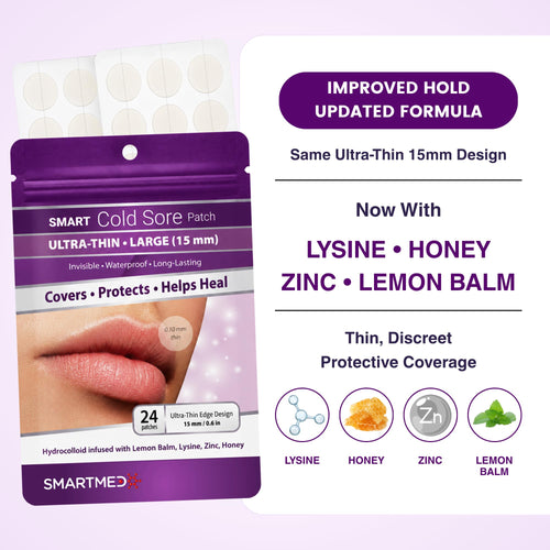 15 mm Hydrocolloid Cold Sore Patches with Lysine, Honey, Zinc & Lemon Balm, 24 Count J3434