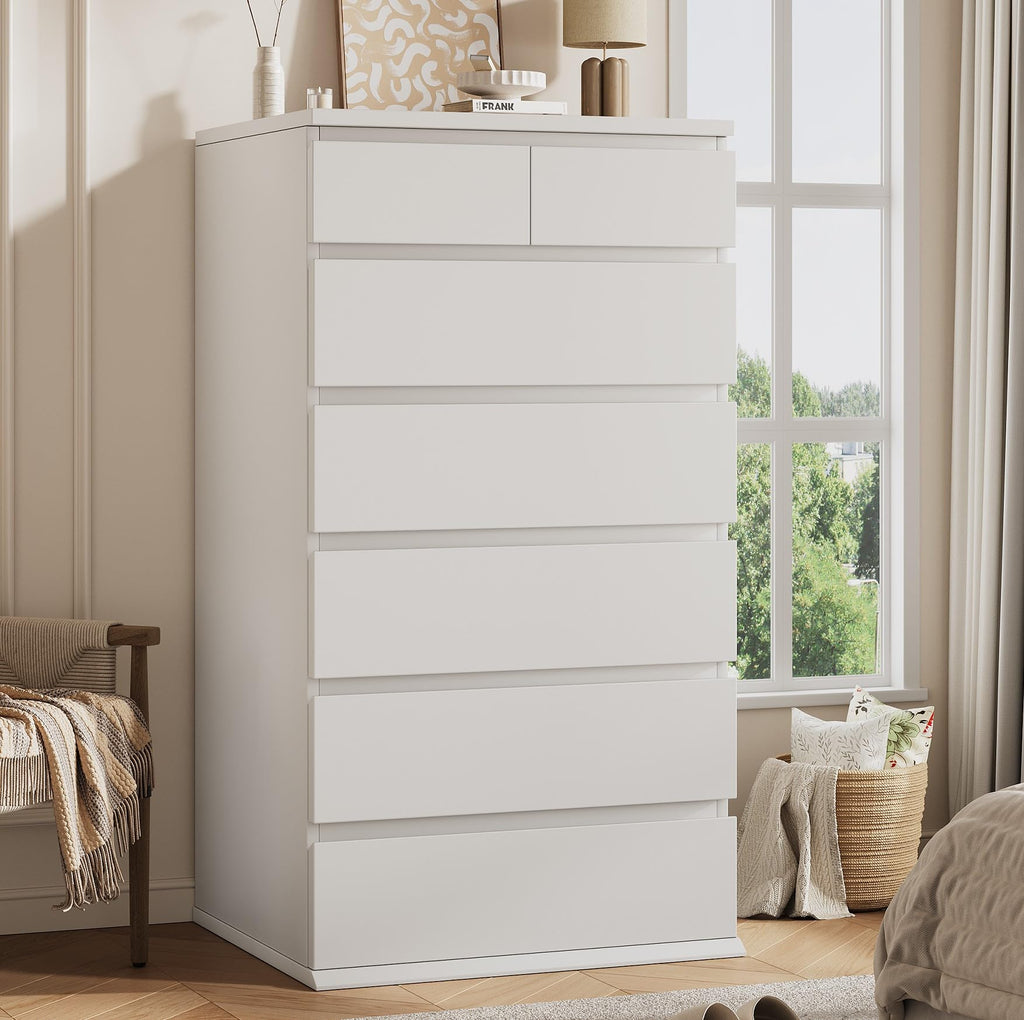 White Tall 7 Drawer Wood Dresser E302