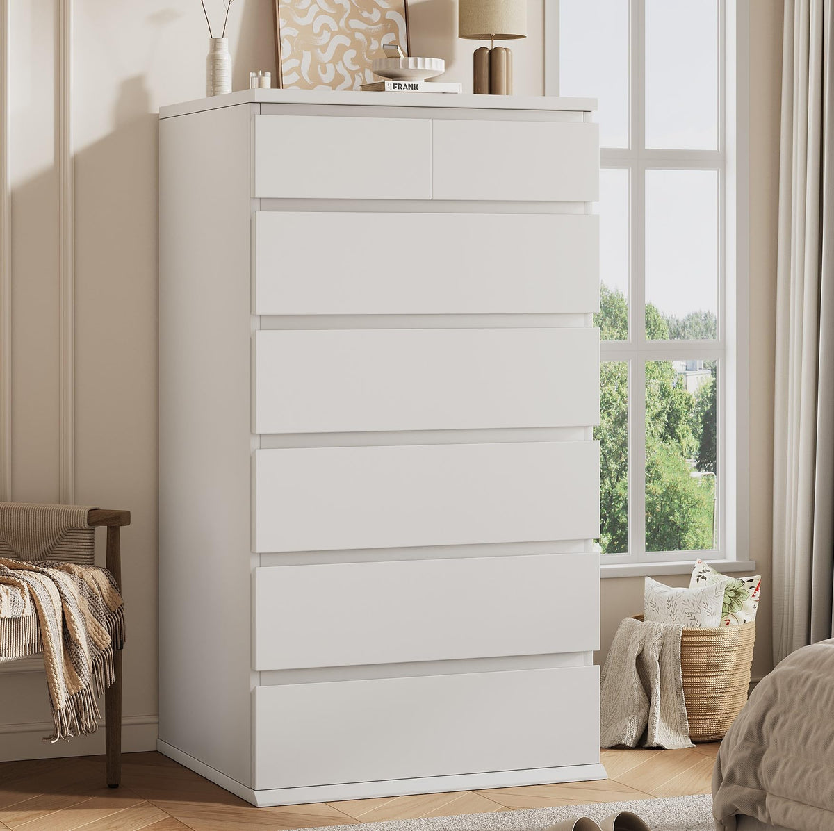 White Tall 7 Drawer Wood Dresser E302