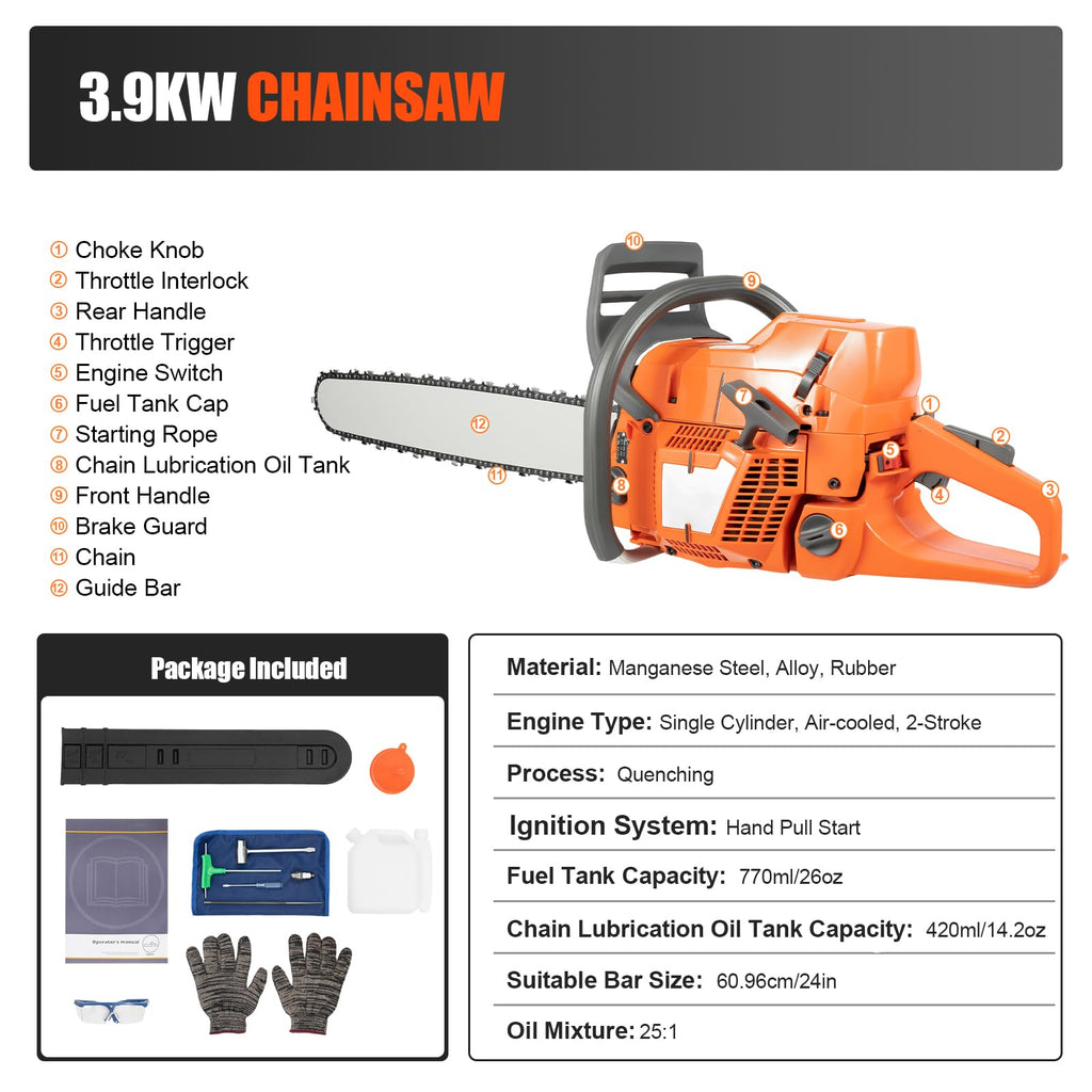 Gas Powered Chainsaw, 71.8cc 2-Stroke, 24 Inch Z656