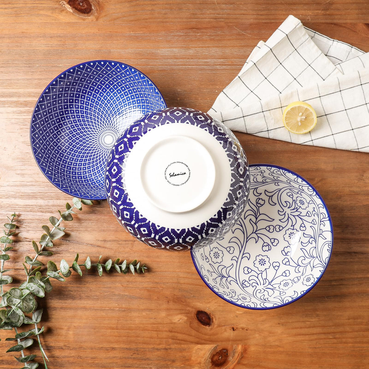 Ceramic 53 OZ Salad Bowls Set, Set of 3, Vintage Blue F1452