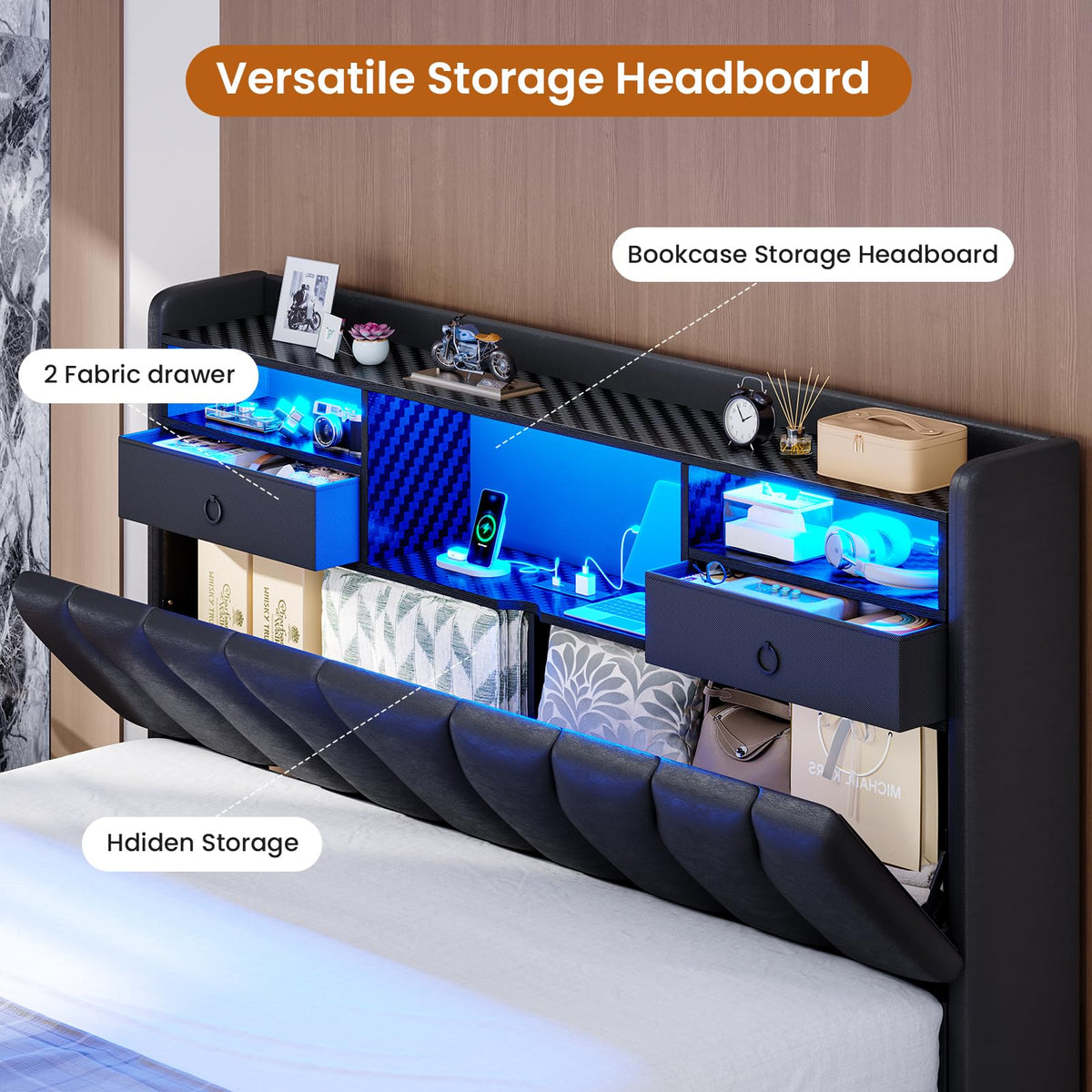 Full Bed Frame with Storage Headboard and 2 Drawers, RGB Lights, Black N30887
