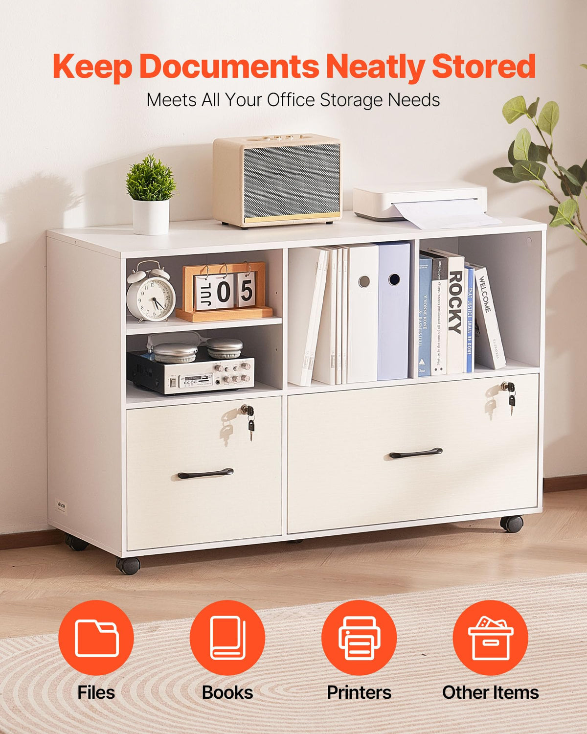 White 2 Drawer Wooden Lockable Mobile File Cabinet K51080