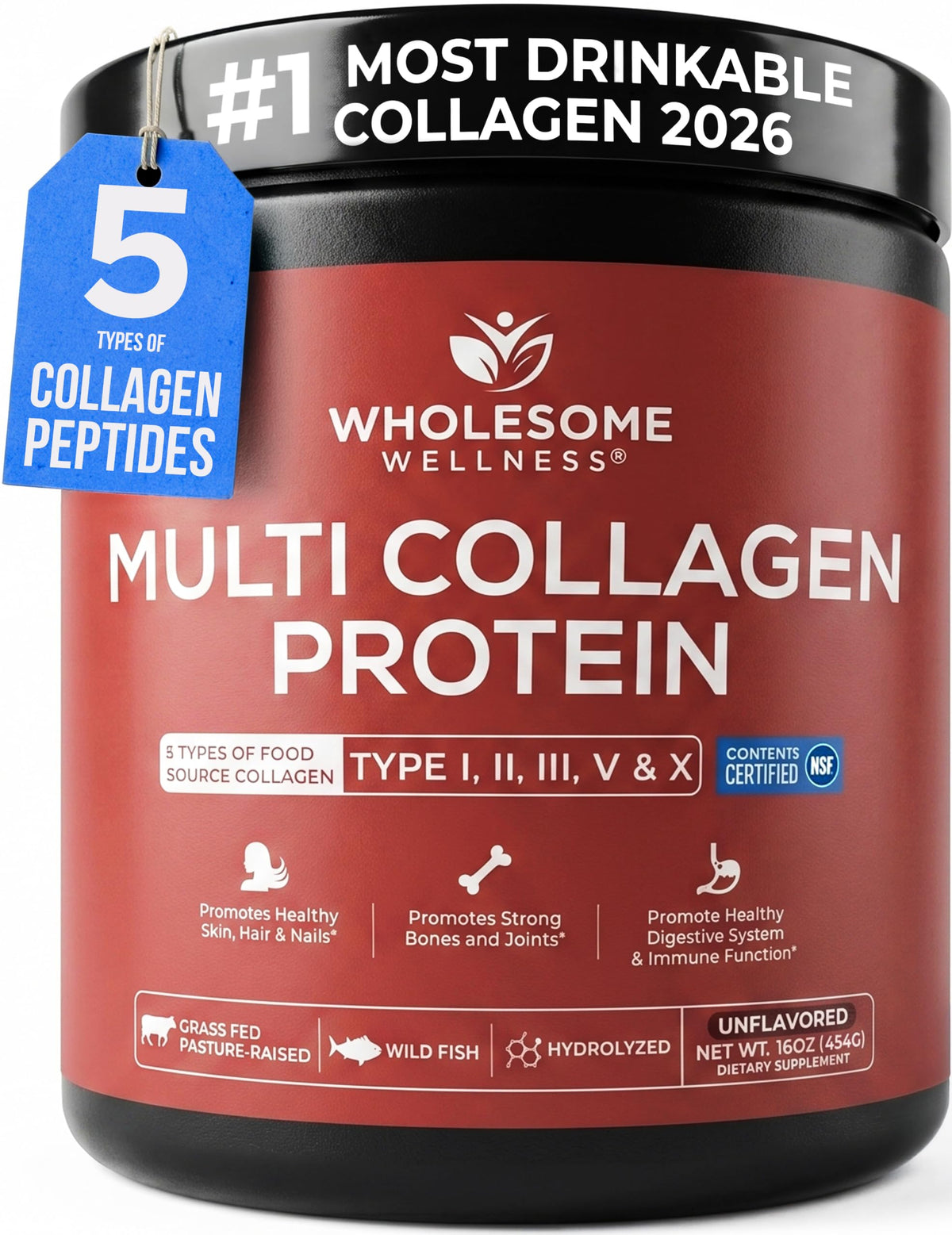 Multi Collagen Peptides Protein Powder, 5 Types Hydrolyzed, Grass-Fed, Non-GMO, Unflavored D90181