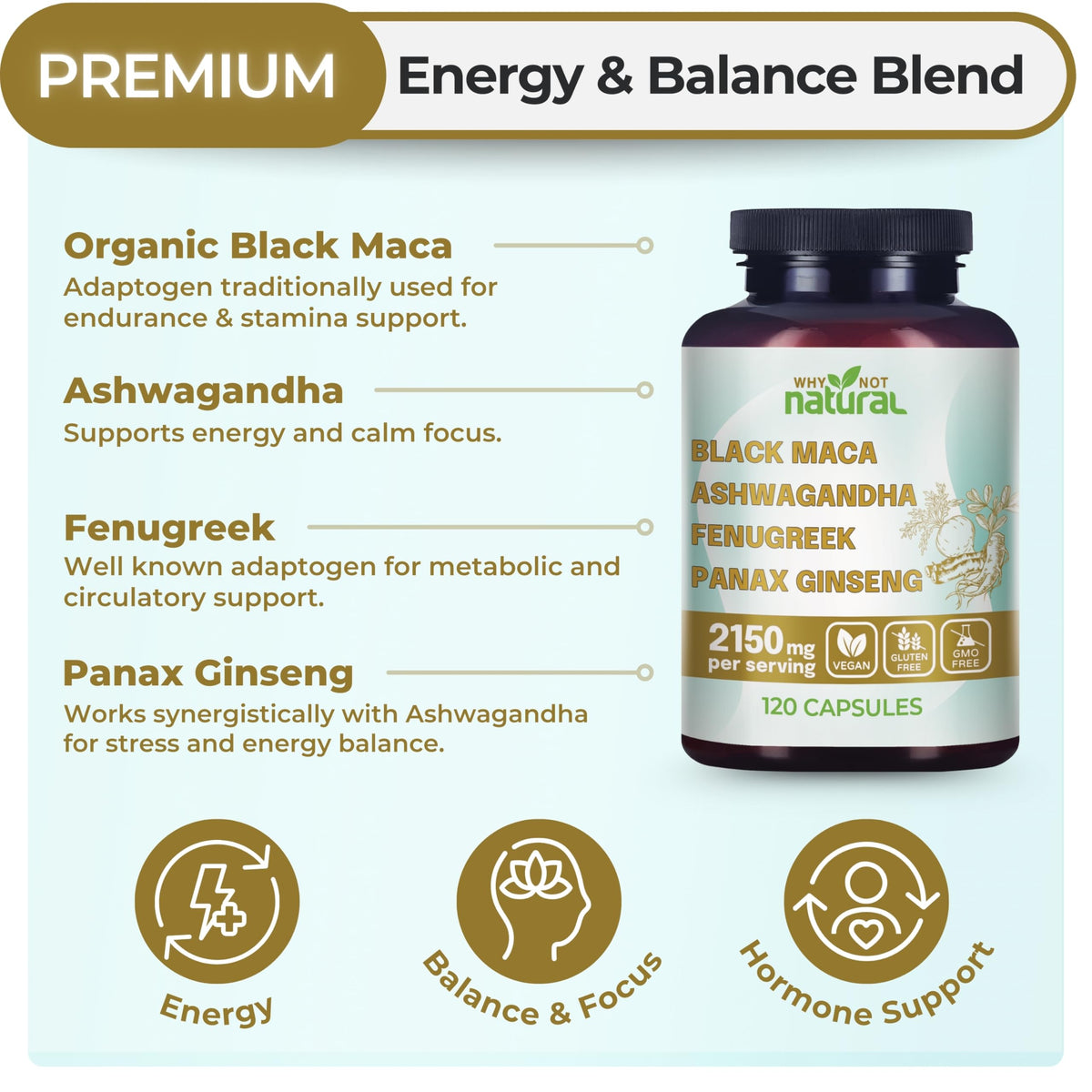 Organic Black Maca Root Ashwagandha Fenugreek Panax Ginseng Capsules Z535