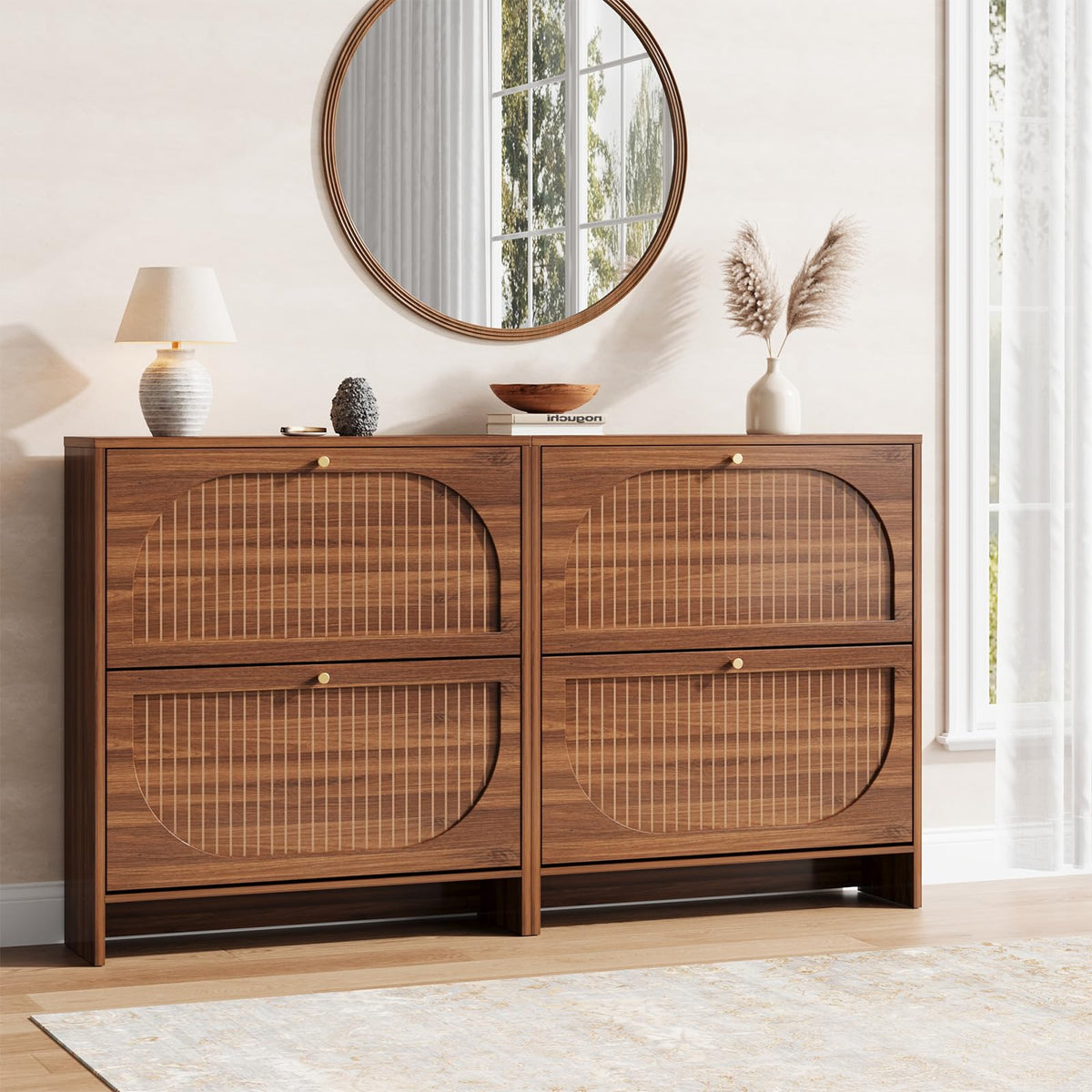 Luminous Walnut Shoe Storage Cabinet with Adjustable Shelves Y50972