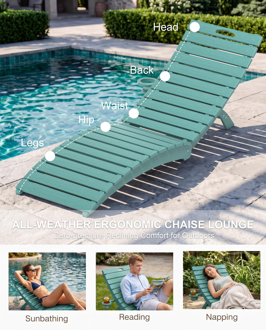 Blue HDPE Pool Chaise Lounge Chairs with Cup Holder, Set of 2 V553403
