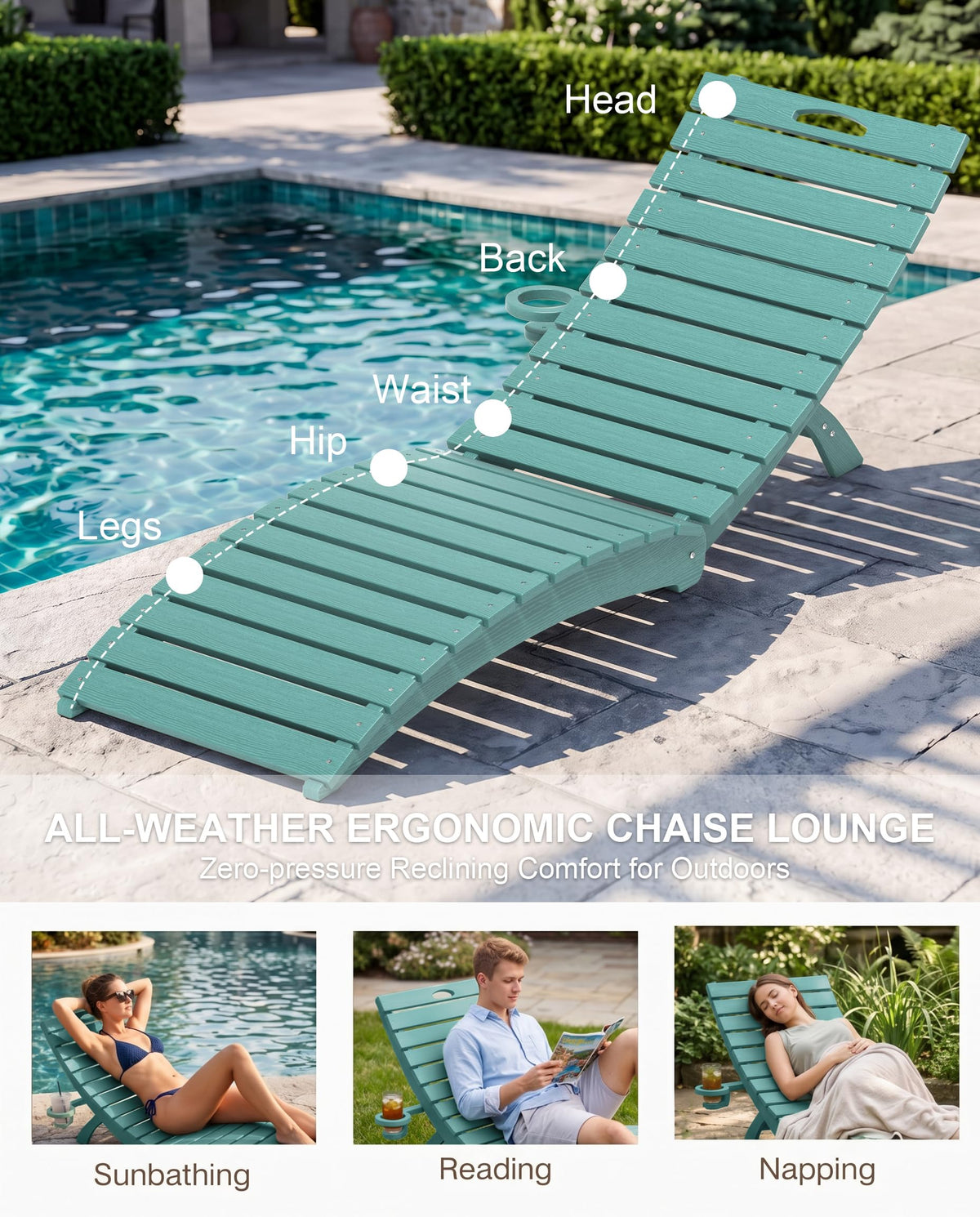 Blue HDPE Pool Chaise Lounge Chairs with Cup Holder, Set of 2 V553403