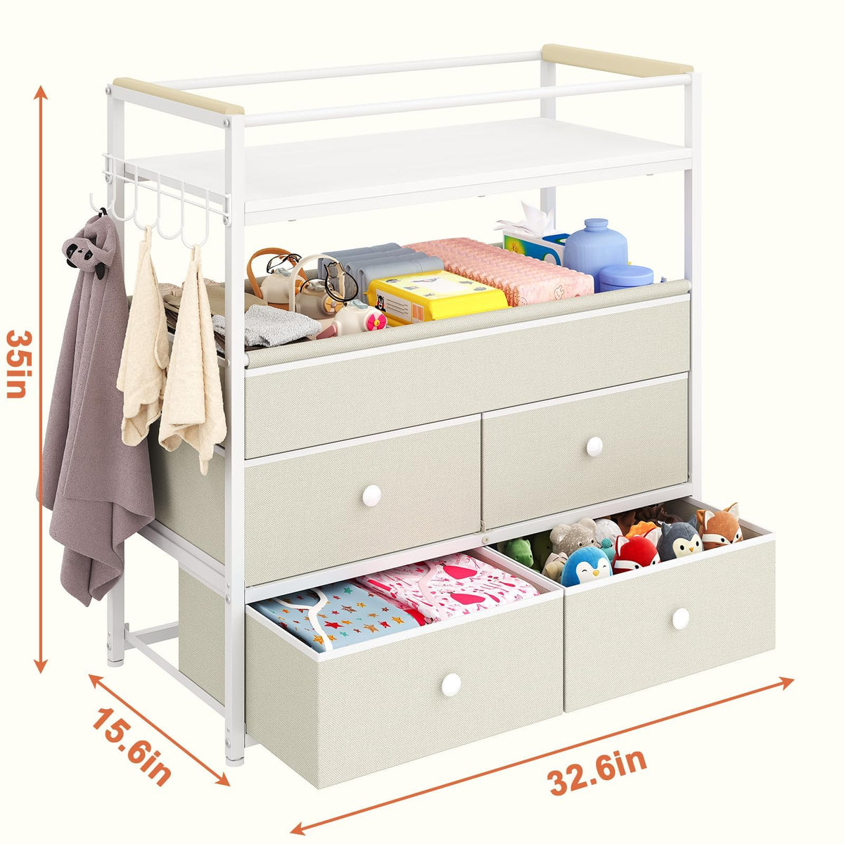Baby Diaper Changing Table Dresser with Safety Bumper and 4 Drawer V114545
