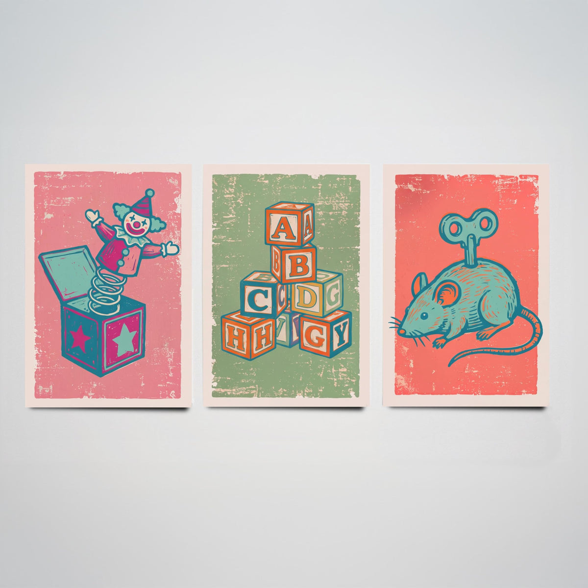 Art Prints Set of 3 Retro Linocut Style T744418