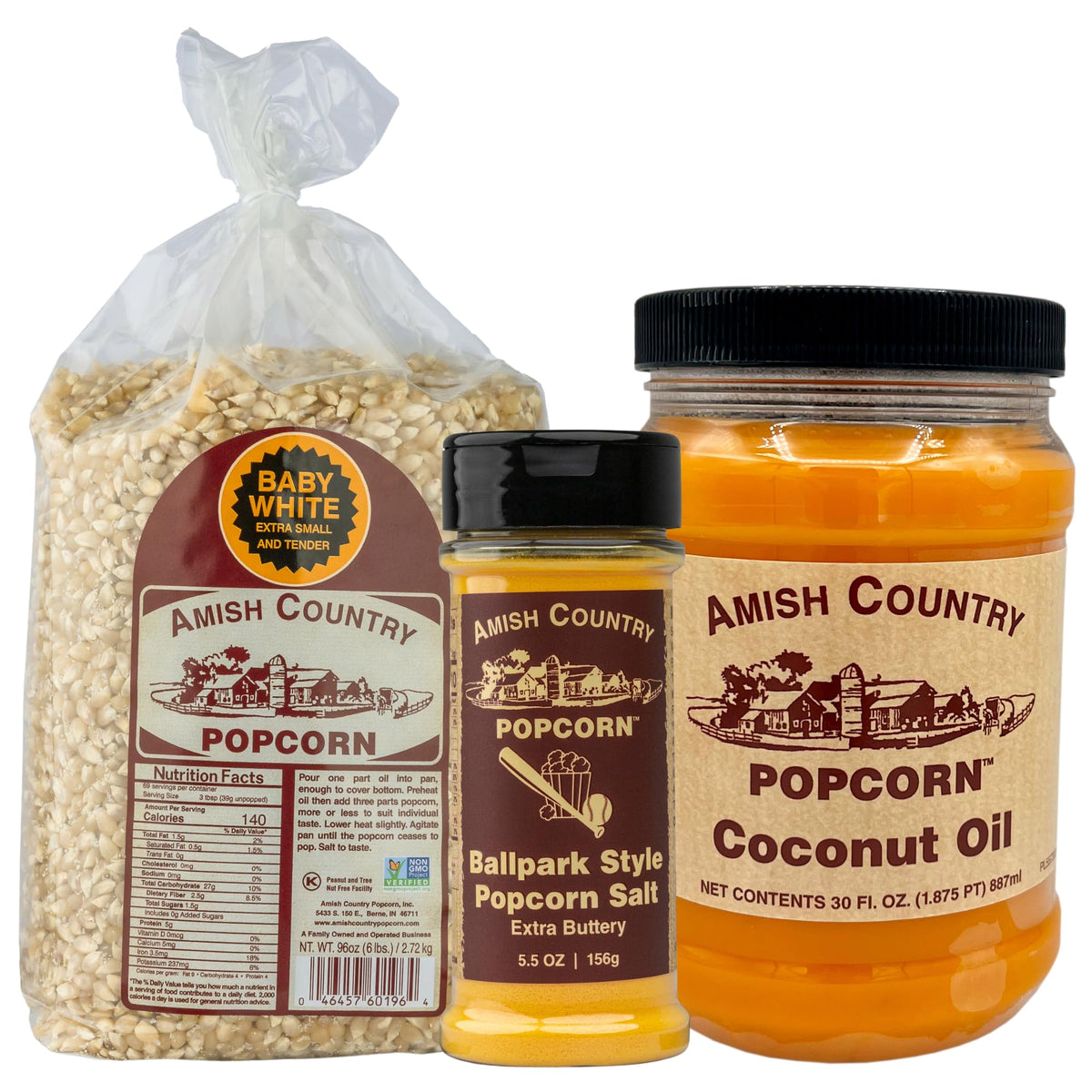 6 lb Baby White Popcorn, 30 oz Coconut Oil, 5.5 oz Butter Salt Bundle R2157