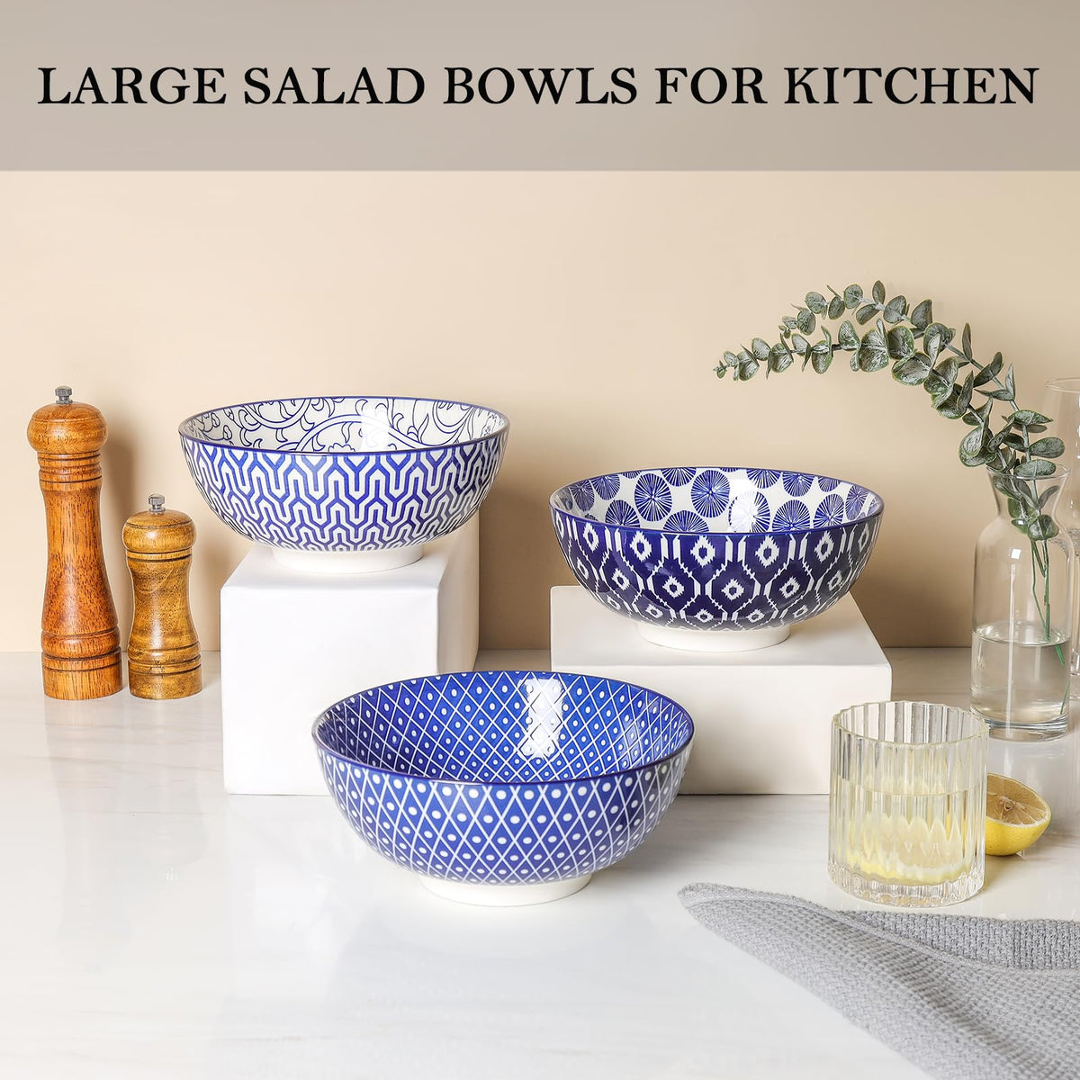 Ceramic 53 OZ Salad Bowls Set, Set of 3, Vintage Blue F1452