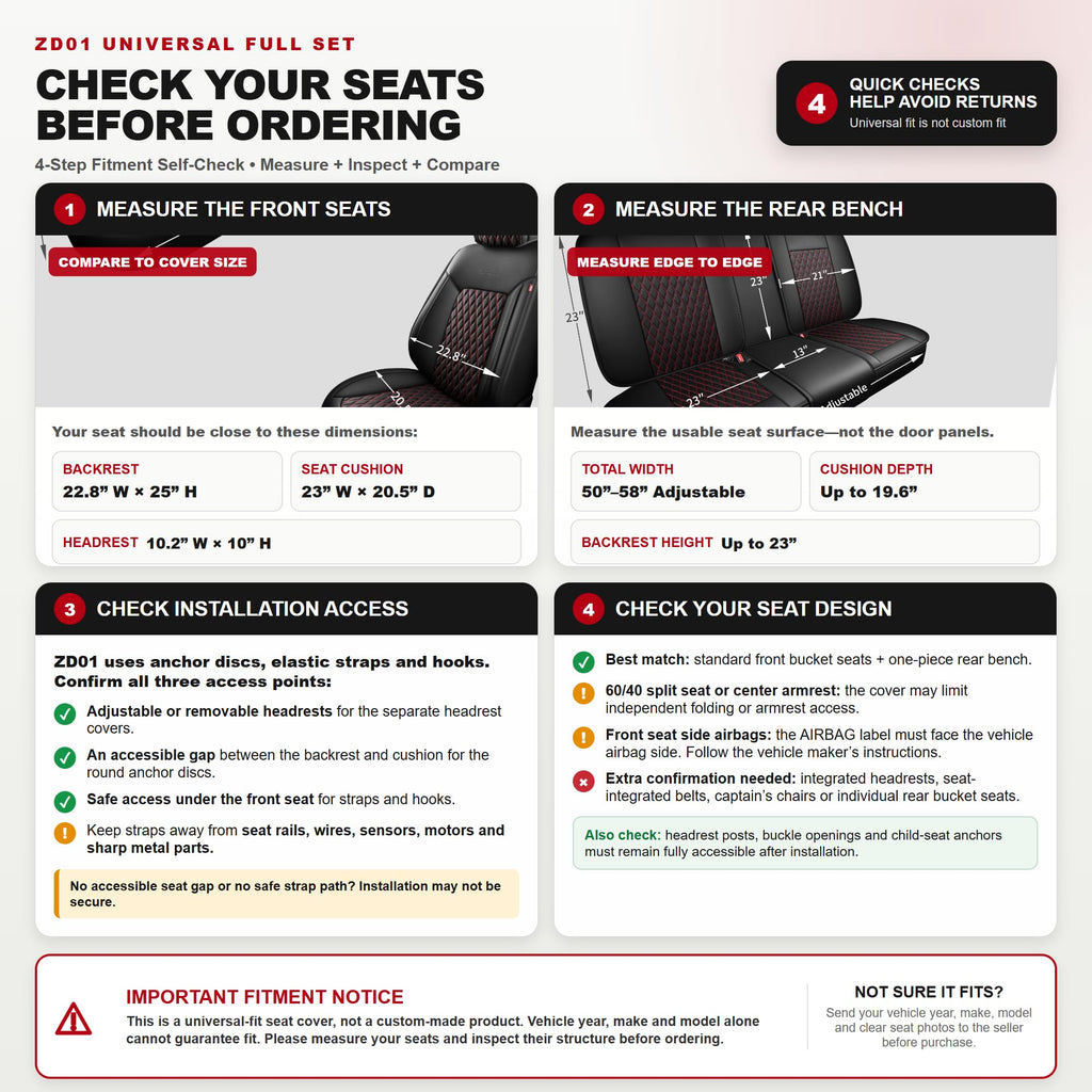 Black and Red Thick Nappa Leather Car Seat Covers Set of 2 Q4329