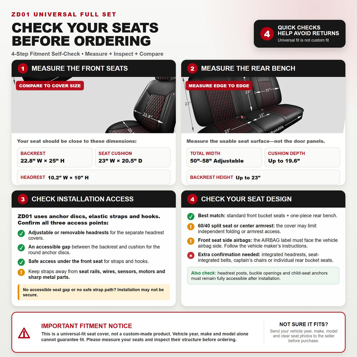 Black and Red Thick Nappa Leather Car Seat Covers Set of 2 Q4329