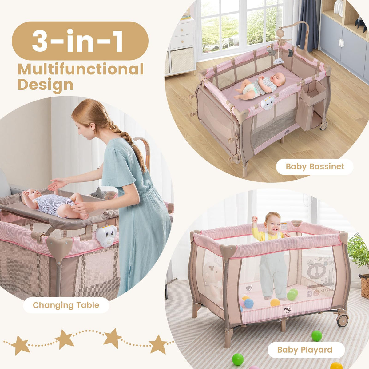 3 in 1 Pink Pack and Play with Bassinet H74286