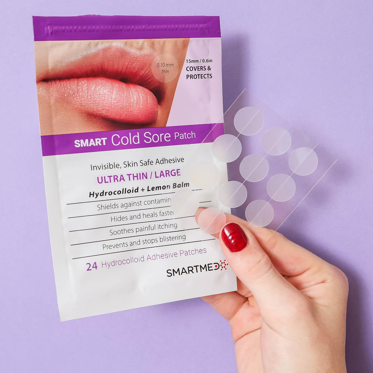 15 mm Hydrocolloid Cold Sore Patches with Lysine, Honey, Zinc & Lemon Balm, 24 Count J3434