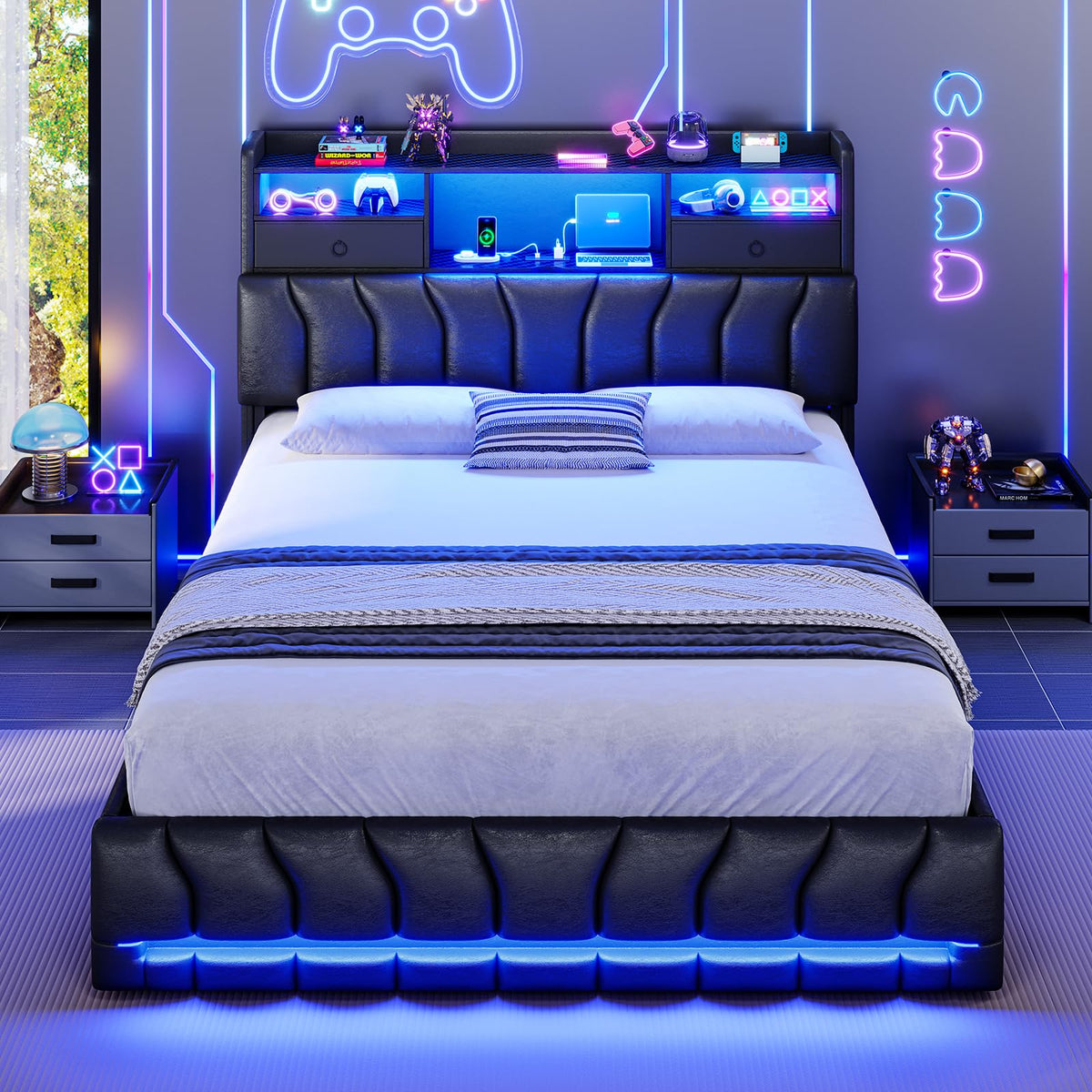 Full Bed Frame with Storage Headboard and 2 Drawers, RGB Lights, Black N30887