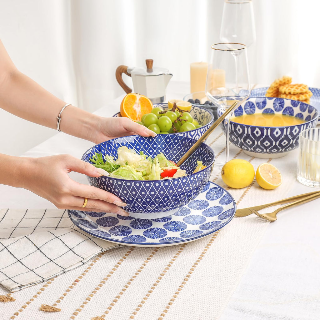 Ceramic 53 OZ Salad Bowls Set, Set of 3, Vintage Blue F1452