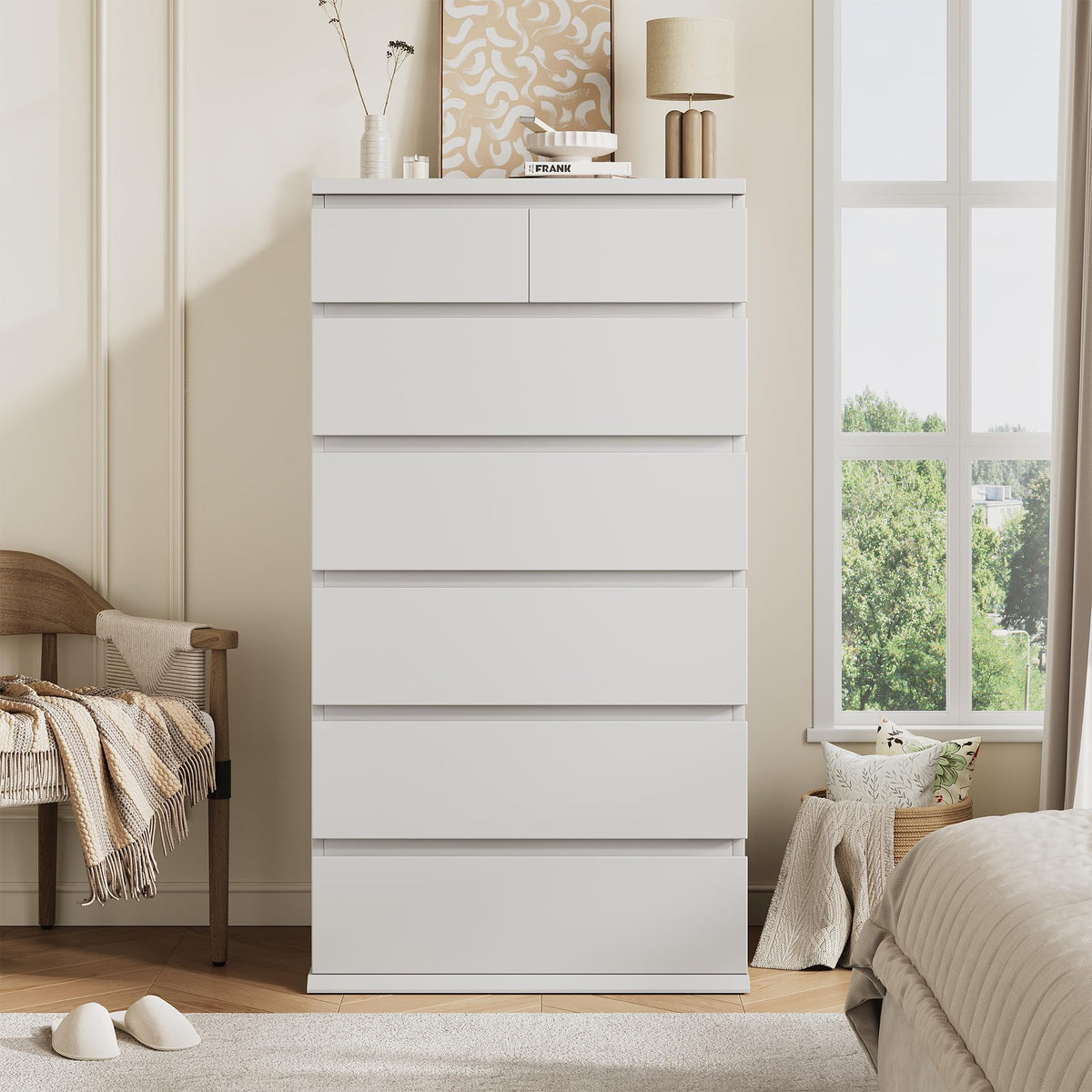 White Tall 7 Drawer Wood Dresser E302