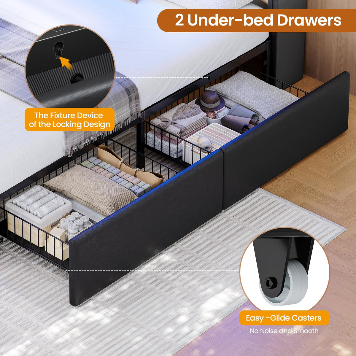 Full Bed Frame with Storage Headboard and 2 Drawers, RGB Lights, Black N30887