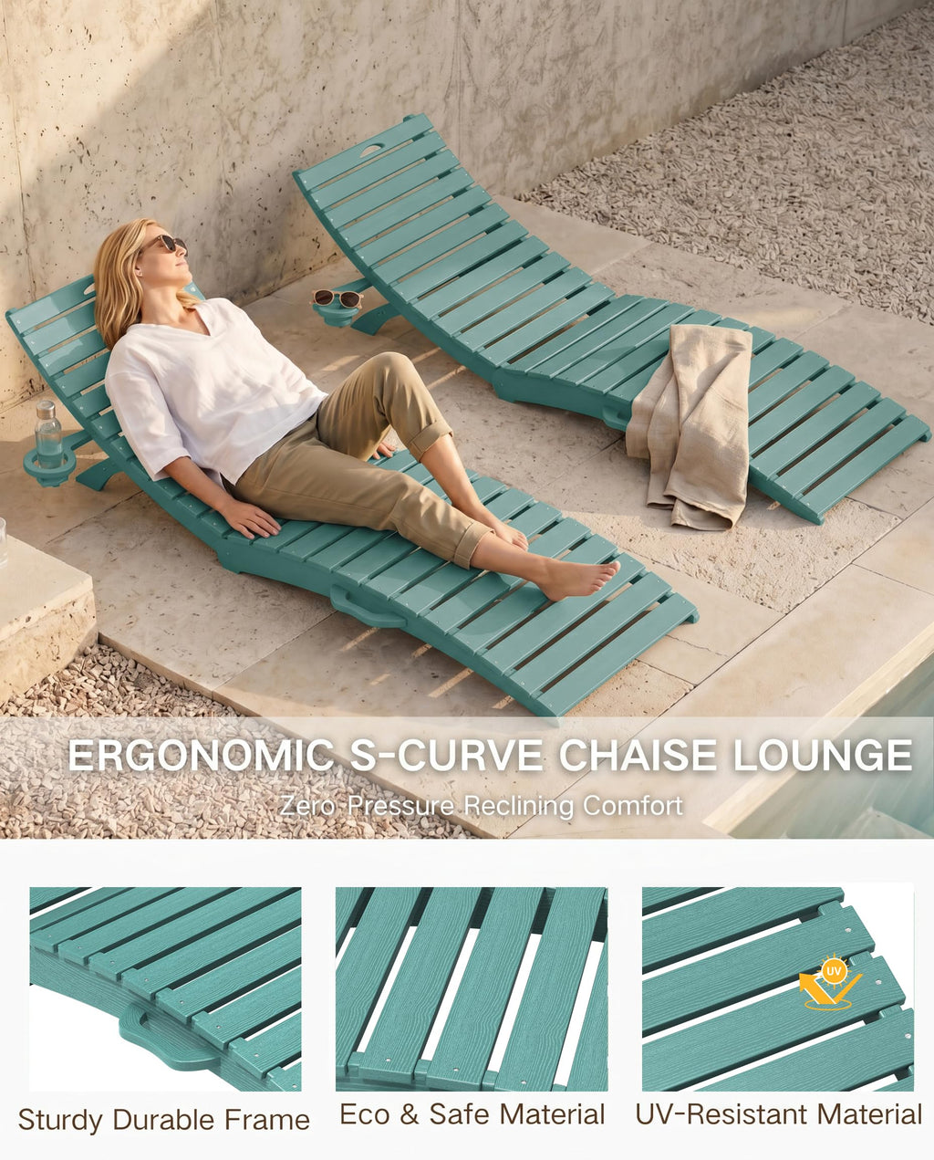 Blue HDPE Pool Chaise Lounge Chairs with Cup Holder, Set of 2 V553403