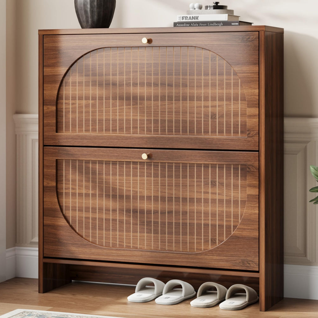 Luminous Walnut Shoe Storage Cabinet with Adjustable Shelves Y50972