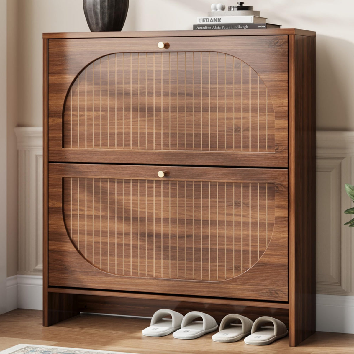 Luminous Walnut Shoe Storage Cabinet with Adjustable Shelves Y50972