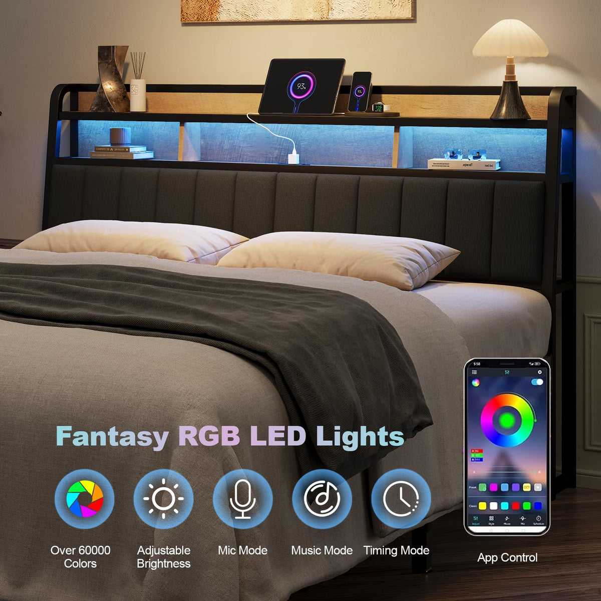 King Headboard with Storage and Charging Station V4437