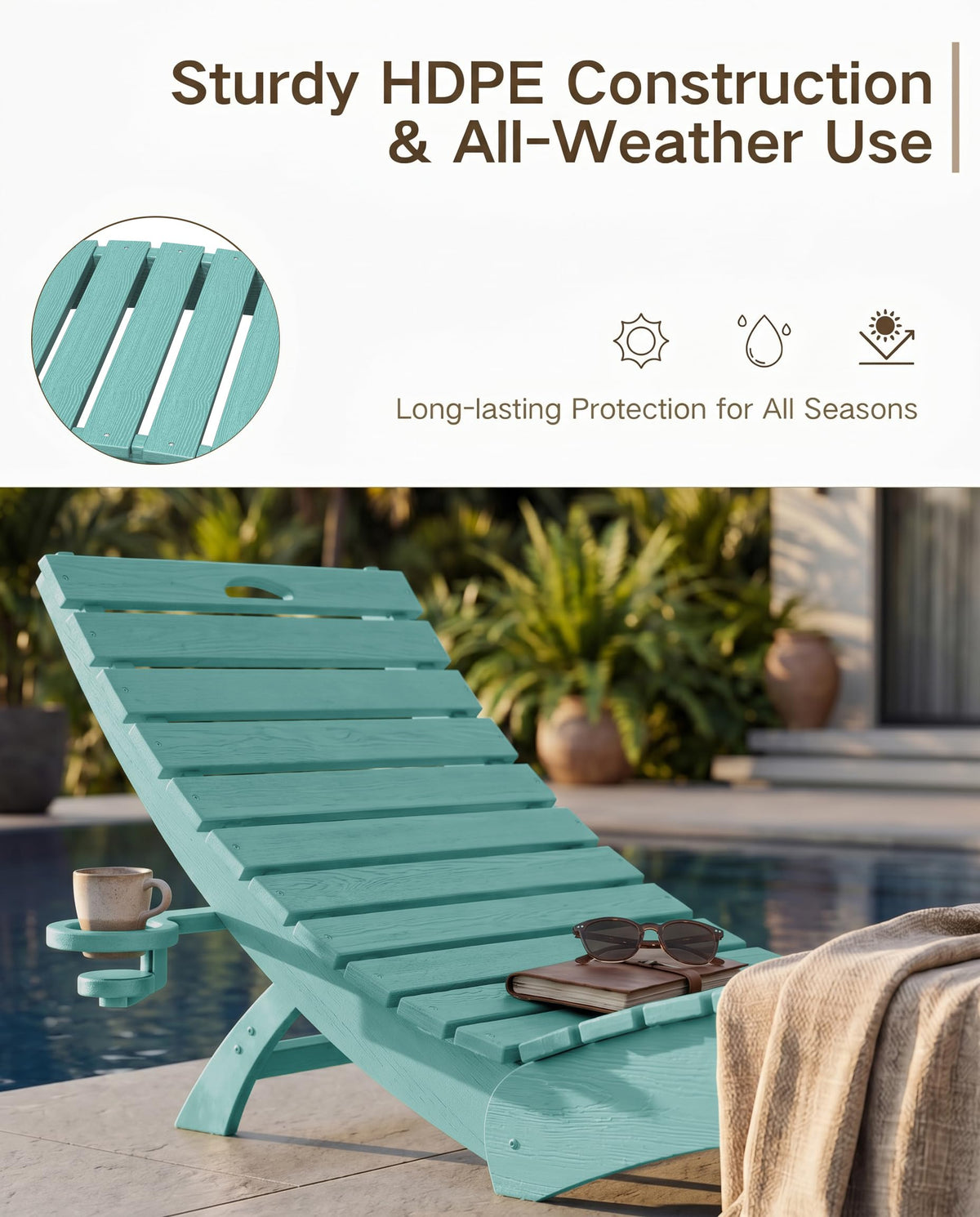 Blue HDPE Pool Chaise Lounge Chairs with Cup Holder, Set of 2 V553403