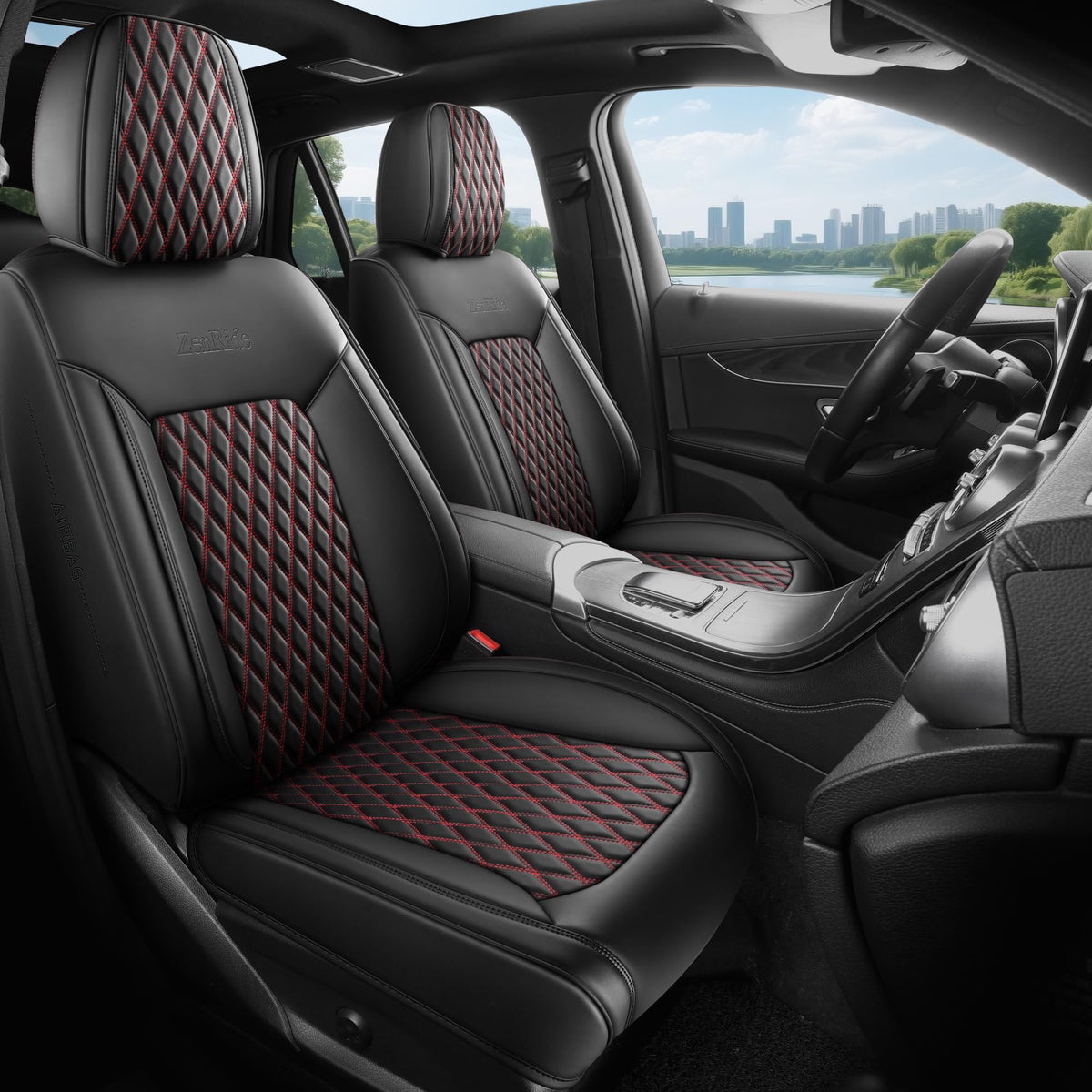 Black and Red Thick Nappa Leather Car Seat Covers Set of 2 Q4329