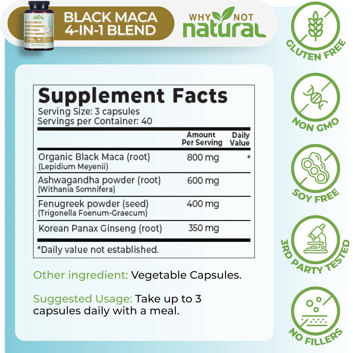 Organic Black Maca Root Ashwagandha Fenugreek Panax Ginseng Capsules Z535
