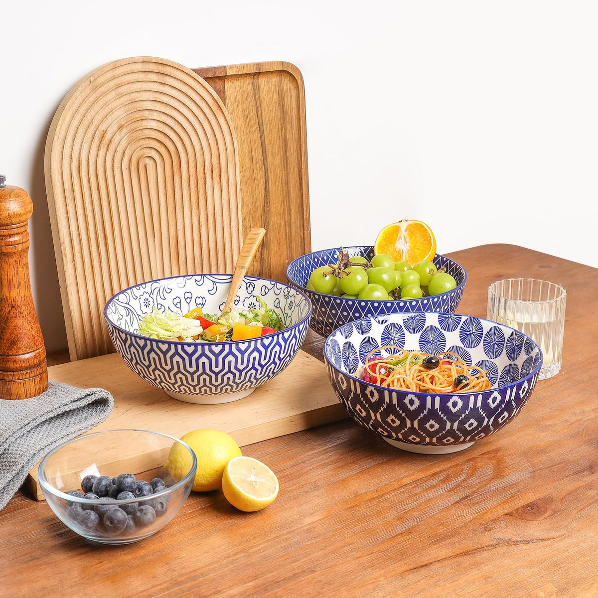 Ceramic 53 OZ Salad Bowls Set, Set of 3, Vintage Blue F1452