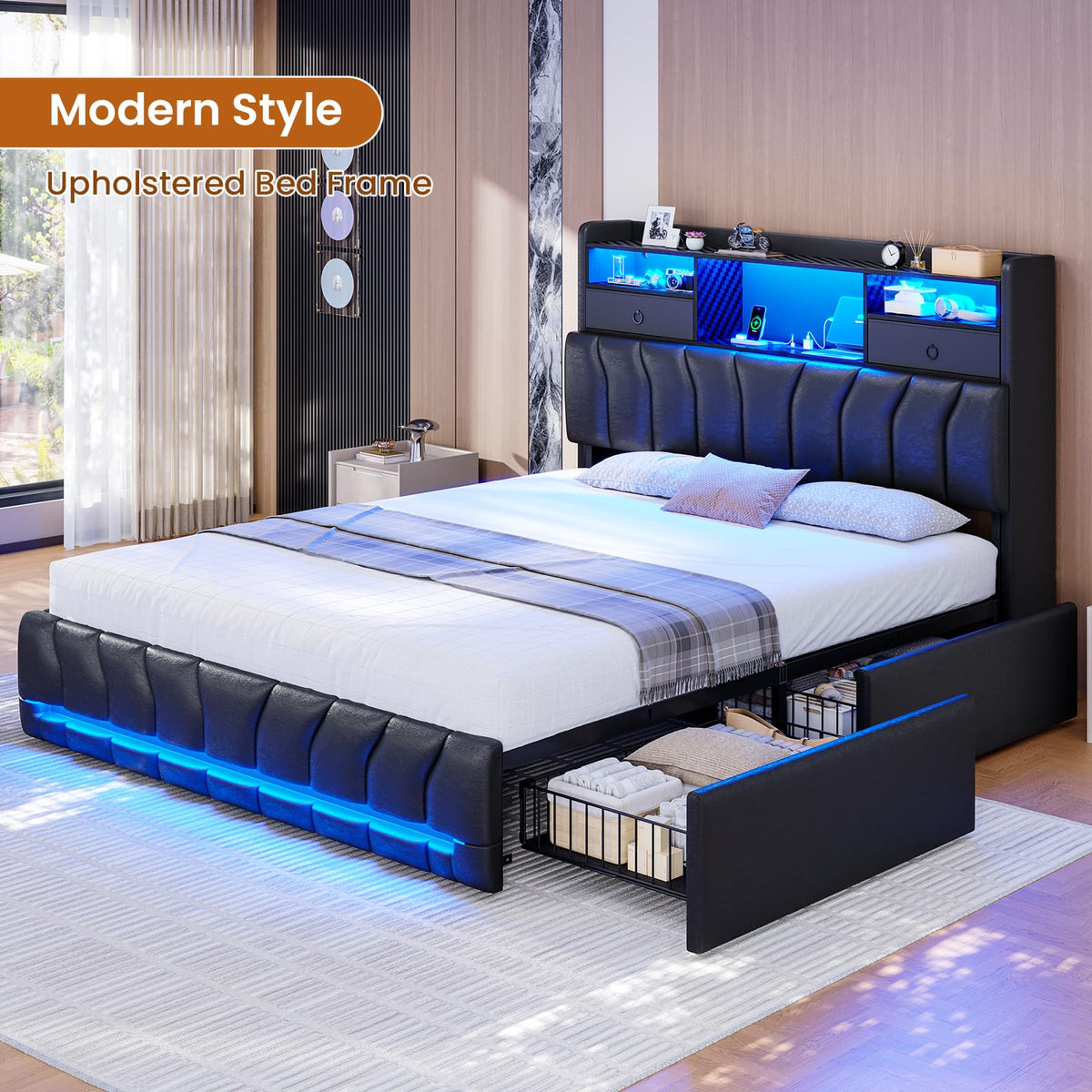 Full Bed Frame with Storage Headboard and 2 Drawers, RGB Lights, Black N30887