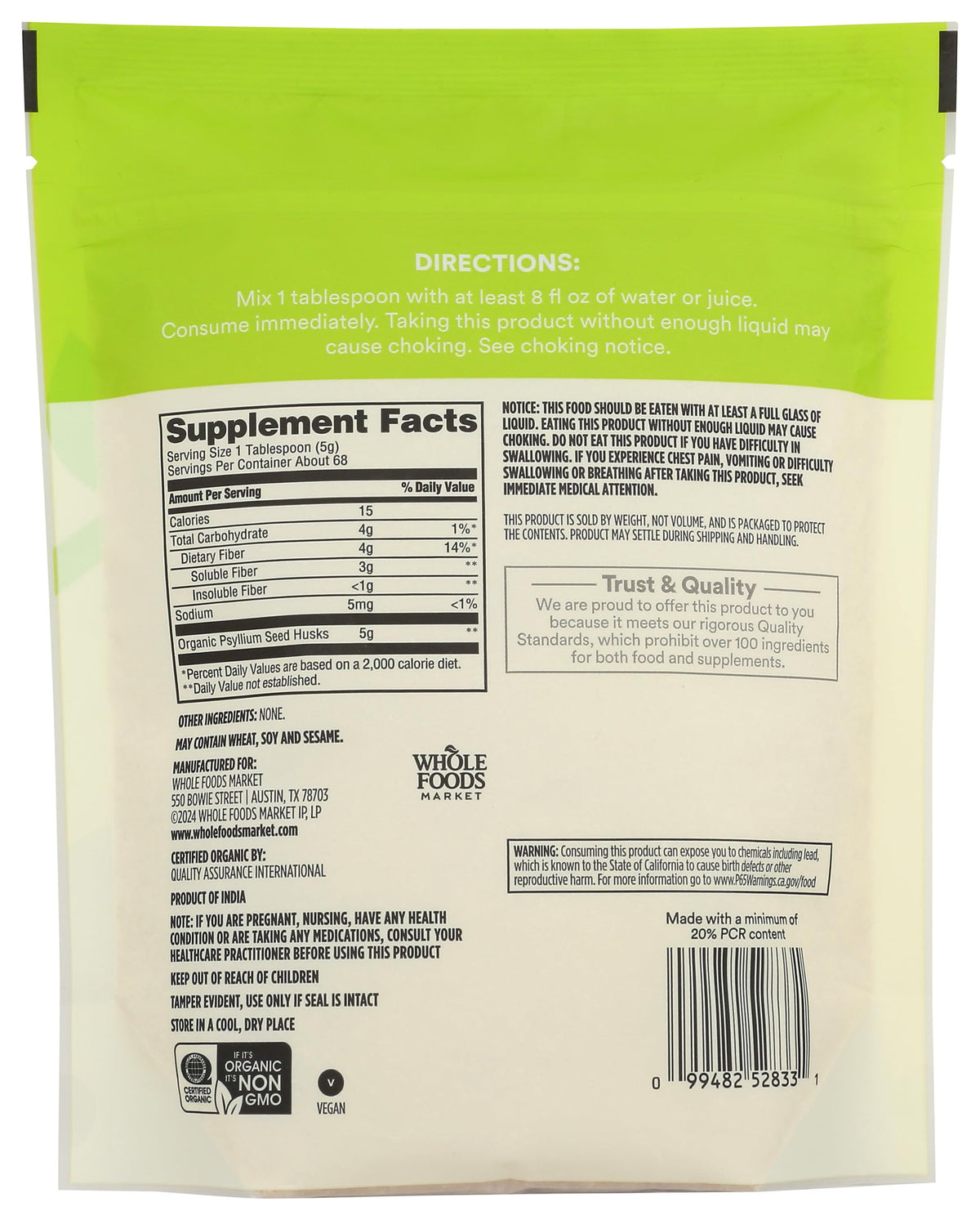 Organic Psyllium Husk 12 Ounce V8398
