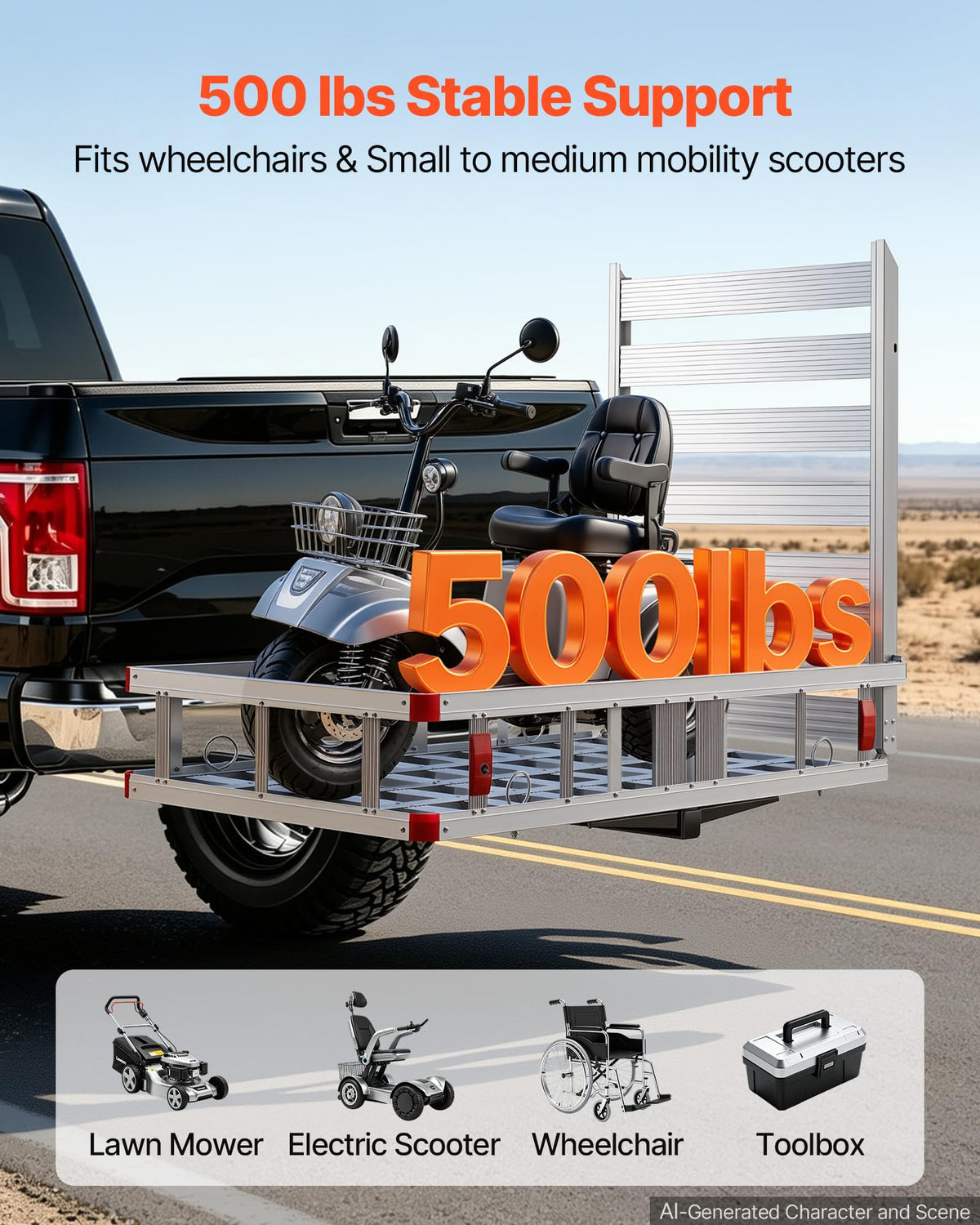 500LBS Aluminum Hitch Wheelchair Carrier with Folding Ramp F59716