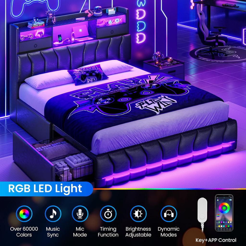 Full Bed Frame with Storage Headboard and 2 Drawers, RGB Lights, Black N30887