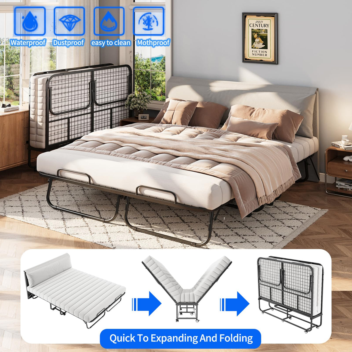 Queen Size Folding Bed with Memory Mattress and Headboard C388