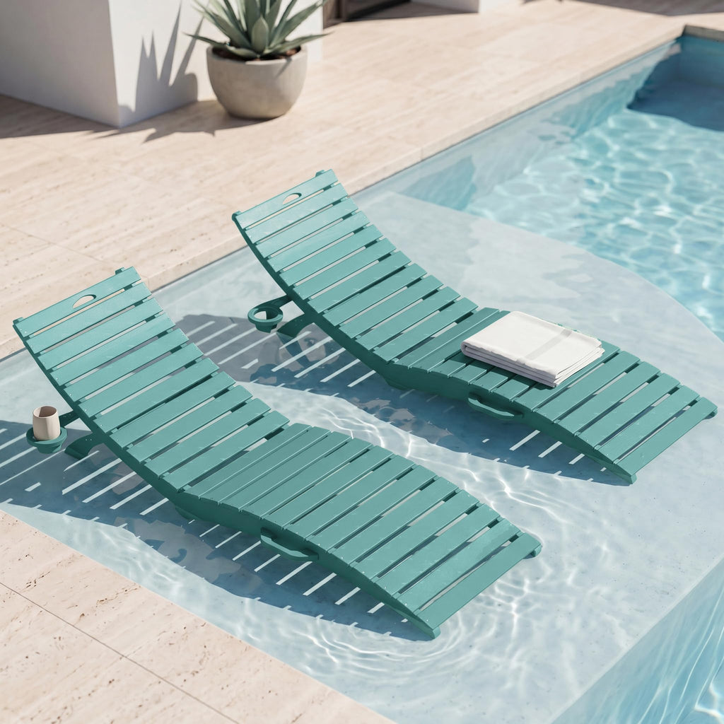 Blue HDPE Pool Chaise Lounge Chairs with Cup Holder, Set of 2 V553403
