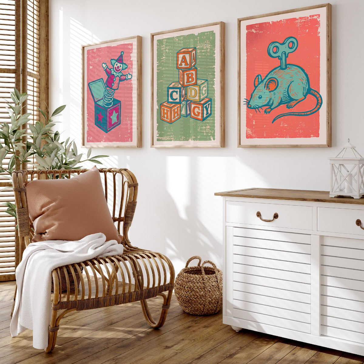 Art Prints Set of 3 Retro Linocut Style T744418