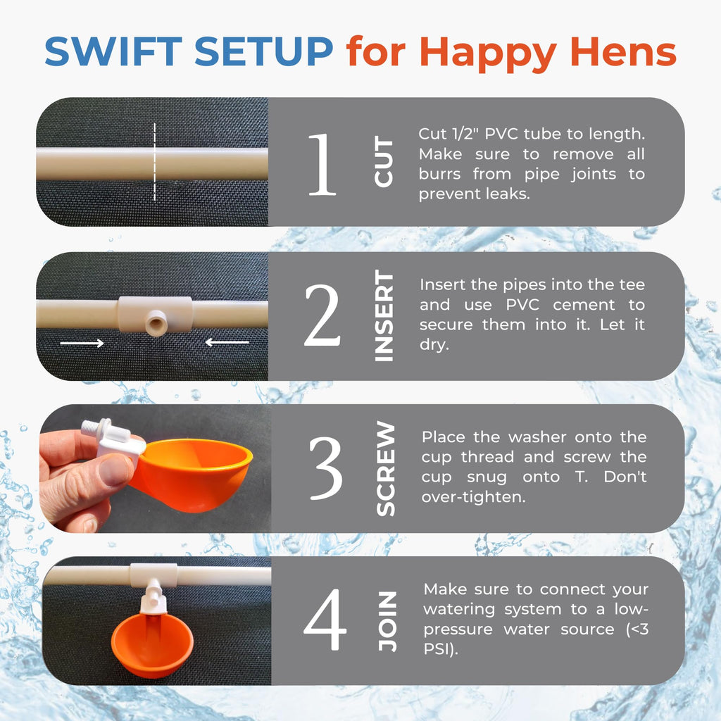 Large Automatic Chicken Waterer Cups with 1/2" PVC Tee Fittings 5-Pack O790