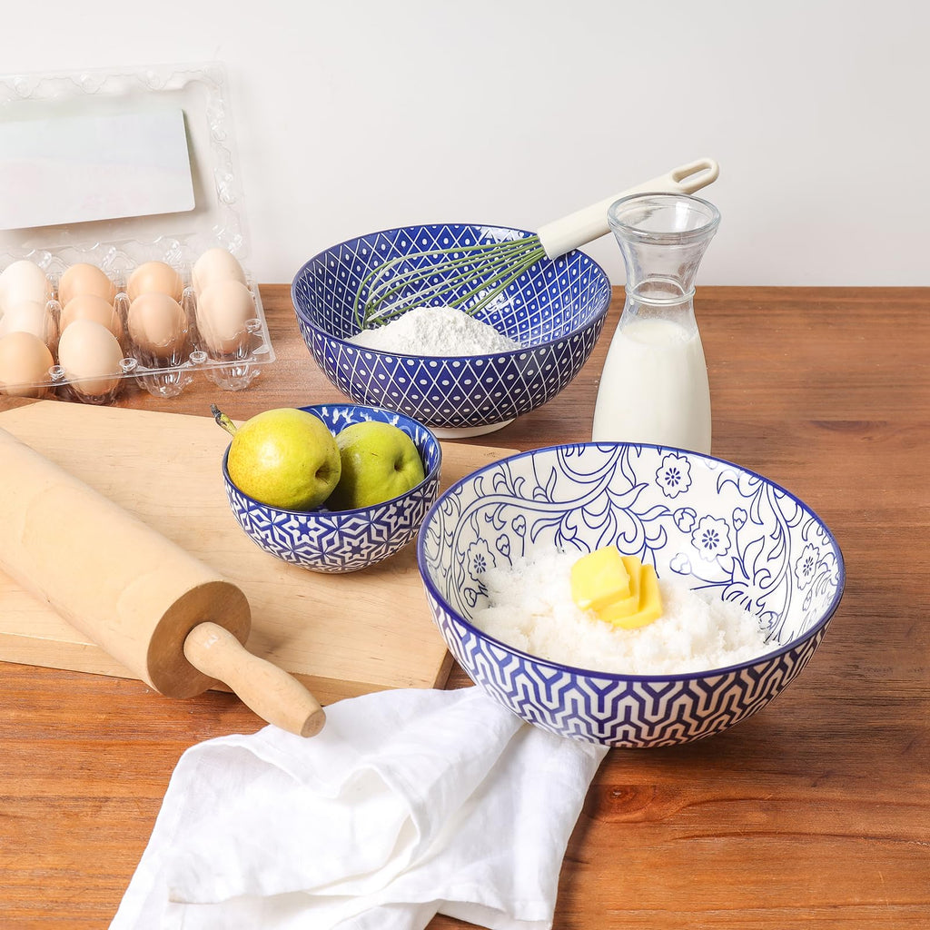 Ceramic 53 OZ Salad Bowls Set, Set of 3, Vintage Blue F1452