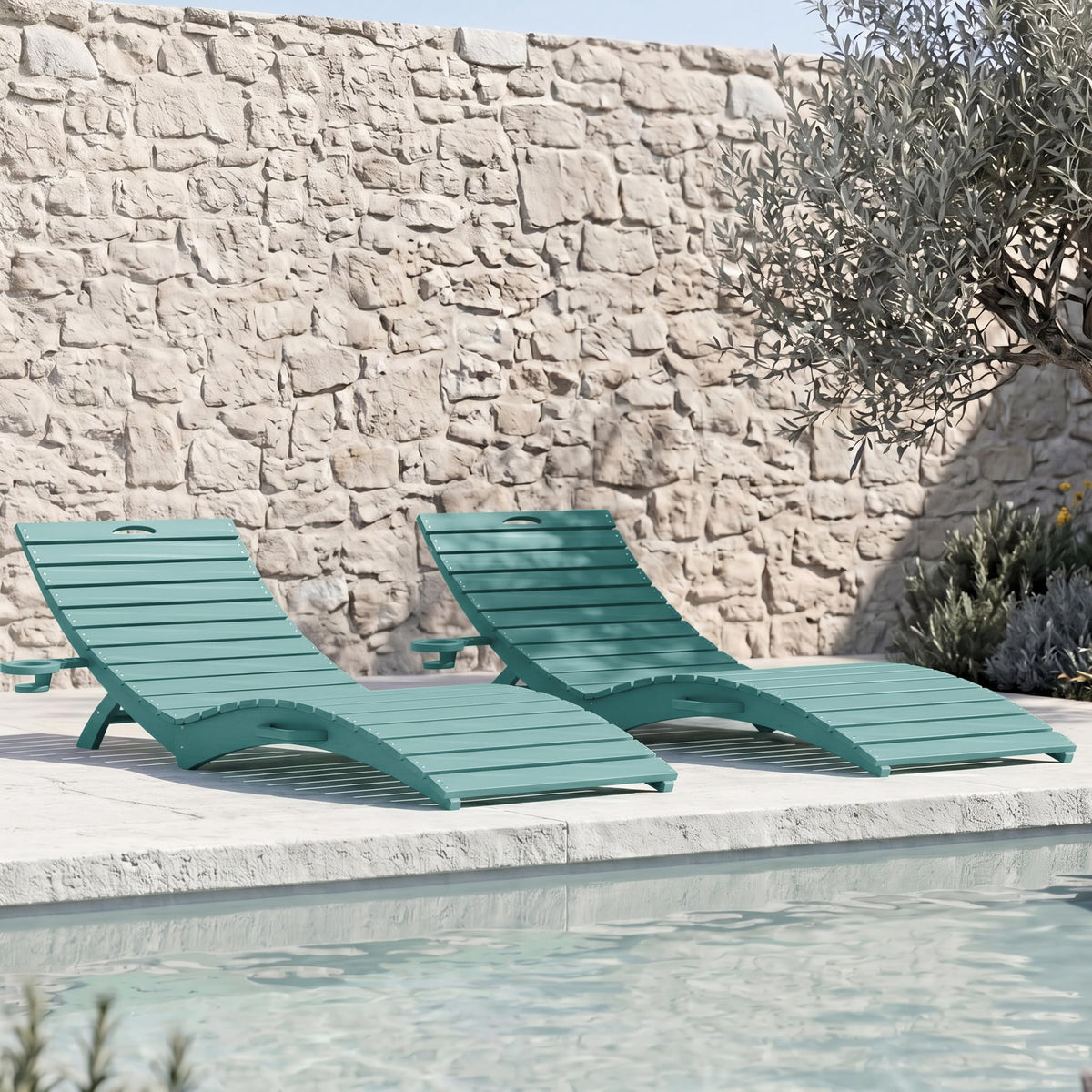 Blue HDPE Pool Chaise Lounge Chairs with Cup Holder, Set of 2 V553403